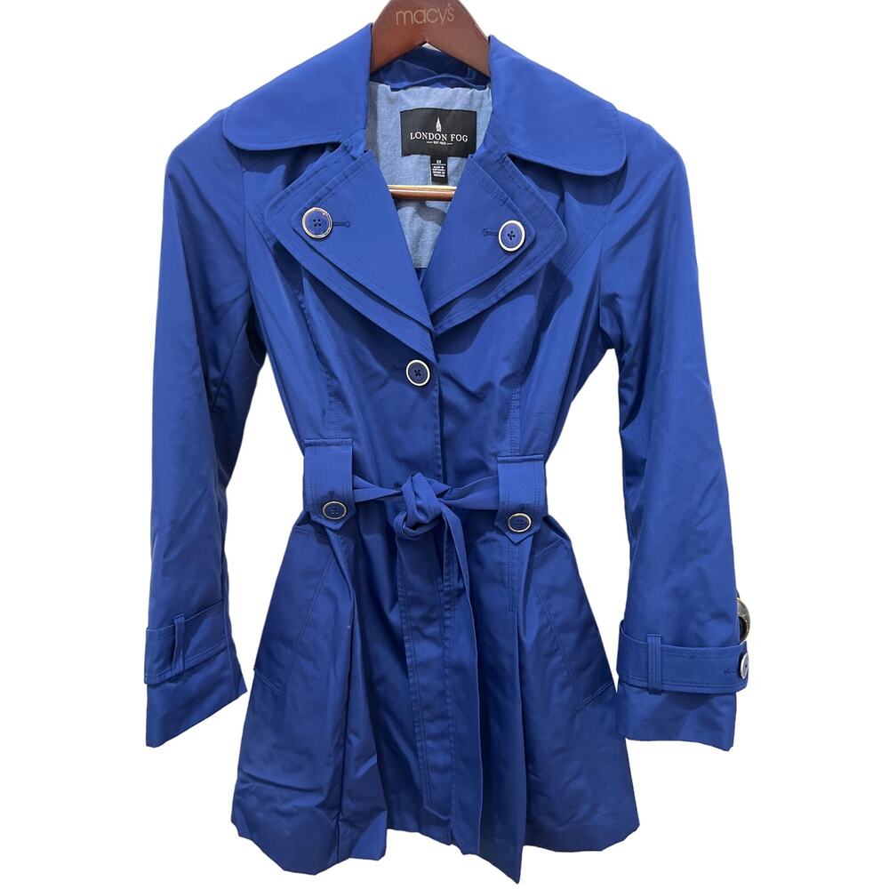 London Fog Woman’s Raincoat NWOT blue size XS belted button up removable hood